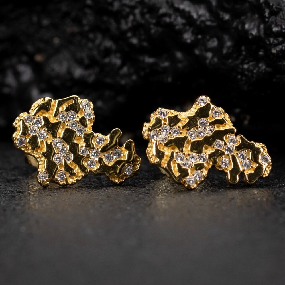 Hip Hop Yellow Gold Plated 925 Sterling Silver Nugget Men's Screw Back Earrings